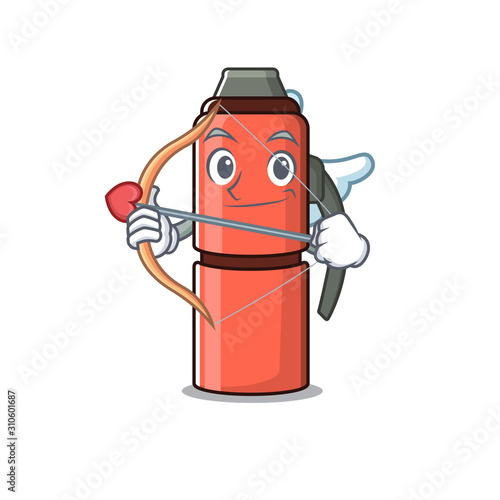 Cute thermos bottle Scroll Cupid cartoon character with arrow and wings