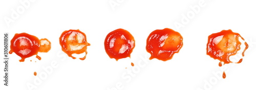 Set ketchup splashes, stains isolated on white background, tomato pure texture