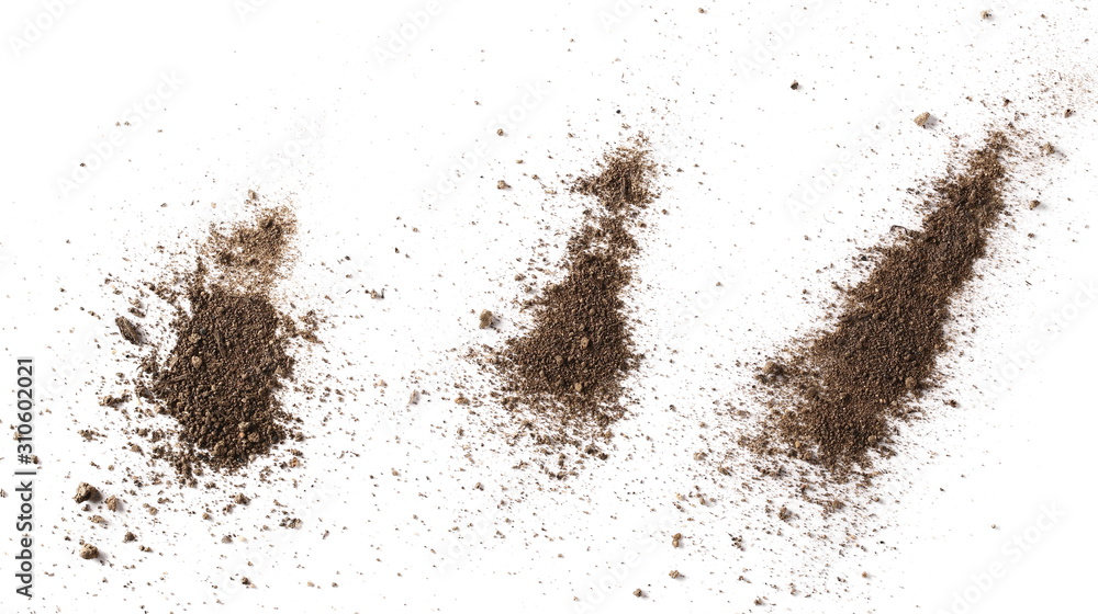 Set dirt, soil pile isolated on white background with clipping path, top view