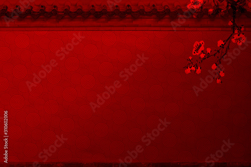 Dark red eaves, walls, plum blossom, plum blossom branches, lanterns, xiang wen, Chinese style texture background. photo