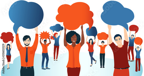 Crowd talking. Group of diverse people with speech bubble. Communication and sharing. Social network. Share ideas. Multi-ethnic people who talk and socialize and communicate. Solidarity