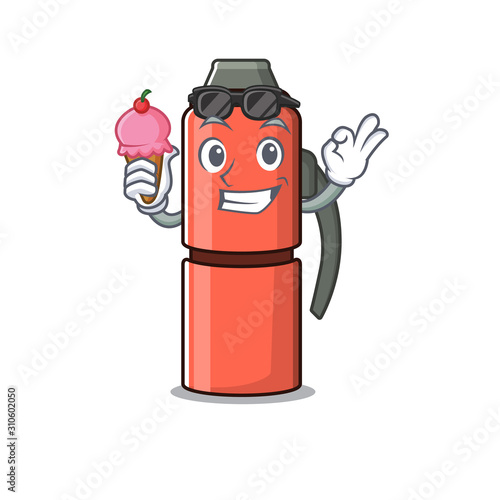 Happy cartoon of thermos bottle Scroll with ice cream