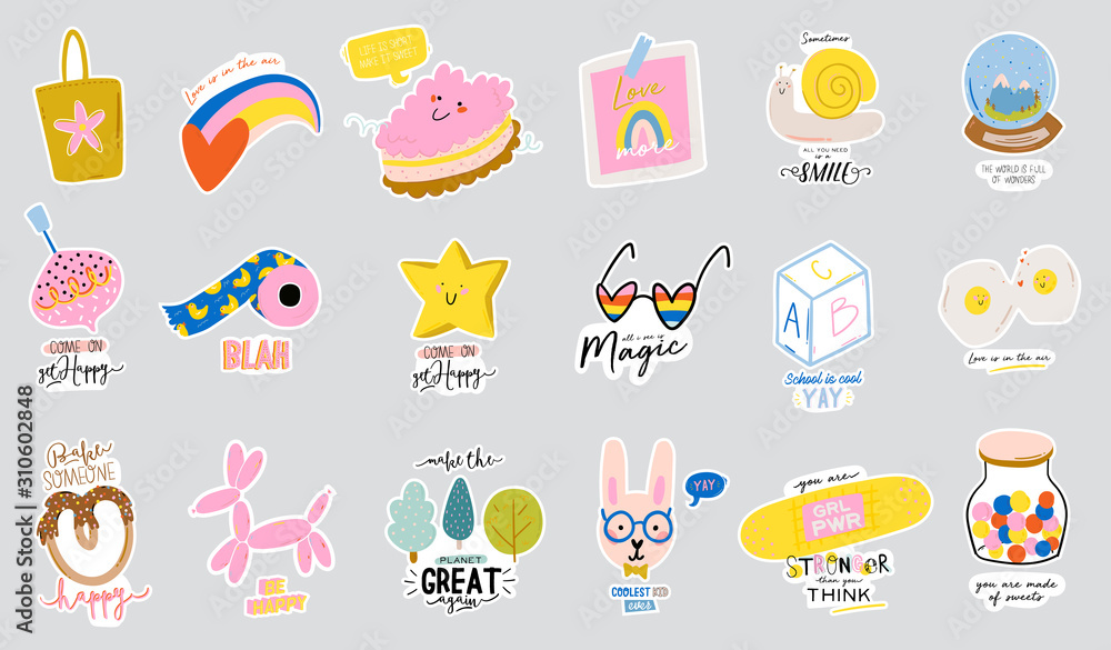Cute scandinavian characters set including trendy quotes and cool decorative hand drawn elements. Cartoon doodle style illustration for patches, stickers, T-shirt, nursery, kids design. Vector.