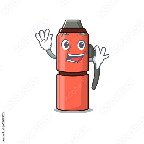 Waving cute smiley thermos bottle Scroll cartoon character design