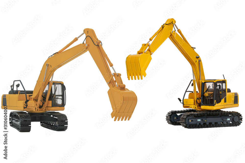Two yellow excavator model, machinery in heavy industry with isolated on a white background with bucket lift up Two yellow excavator model, machinery in heavy industry with isolated on a white background with bucket lift up