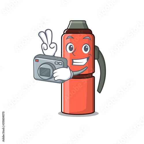 a professional Photographer thermos bottle Scroll mascot style with a camera