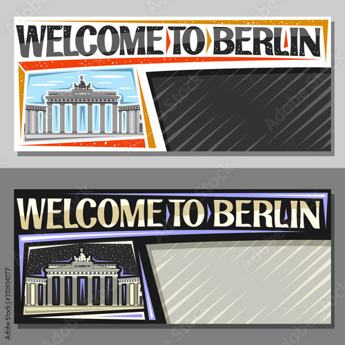 Vector layouts for Berlin with copy space, decorative coupons with illustration of Brandenburg gate on day and evening sky background, tourist card with original typeface for words welcome to berlin.
