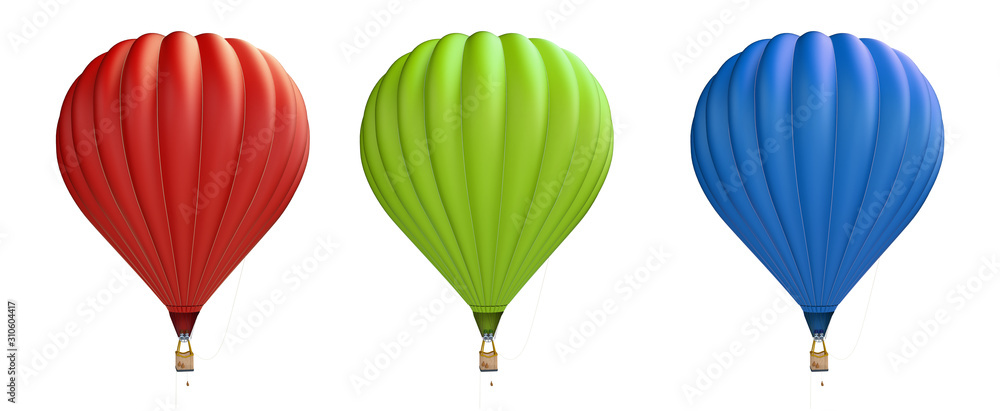 hot air balloon red, blue, green on a white background 3D illustration, 3D rendering - obrazy, fototapety, plakaty 