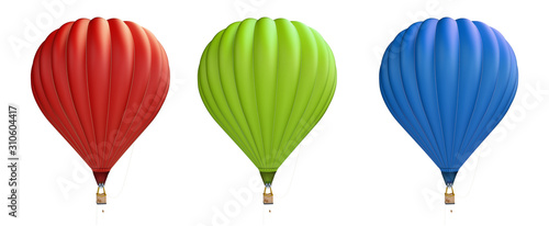 hot air balloon red, blue, green on a white background 3D illustration, 3D rendering
