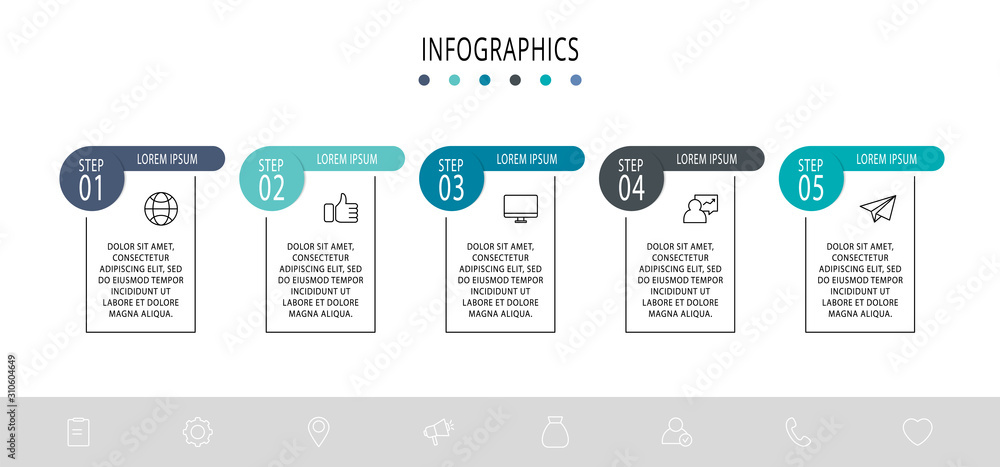 Vector infographic flat template. Circle with icons for five diagrams, graph, flowchart, timeline, workflow, web. Business concept with 5 labels Vector infographic flat template. Circle with icons for five diagrams, graph, flowchart, timeline, workflow, web. Business concept with 5 labels