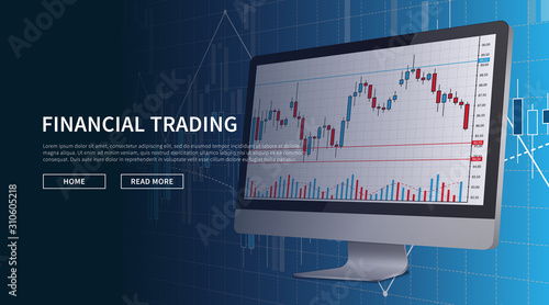 Computer with financial graph vector illustration. Financial stock trade webpage banner concept. Landing page banner template for stock exchange market graphic design.