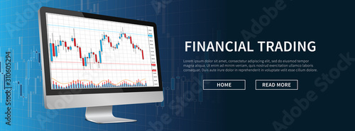 Financial stock trade webpage banner with desktop vector illustration. Computer with financial market signals to buy and sell concept. Landing page banner template for stock exchange market graphic de