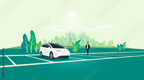 Lonely car parking standing alone on empty parking lot area with man approaching vehicle. Travel park place on rest area near road highway to city. Person near car. Town skyline in the background.