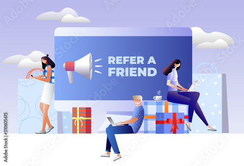 Refer a friend concept. Friend Sharing Referral Code. Vector illustration with character, landing page, template, ui, web, mobile app, poster, banner, flyer