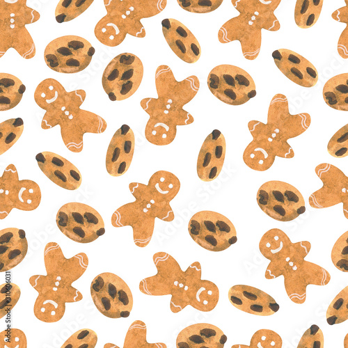 Seamless pattern of cute watercolor gingerbread. Chocolate chip cookies. Christmas gingerbread cookies. Hand drawn watercolor painting isolated on white background.