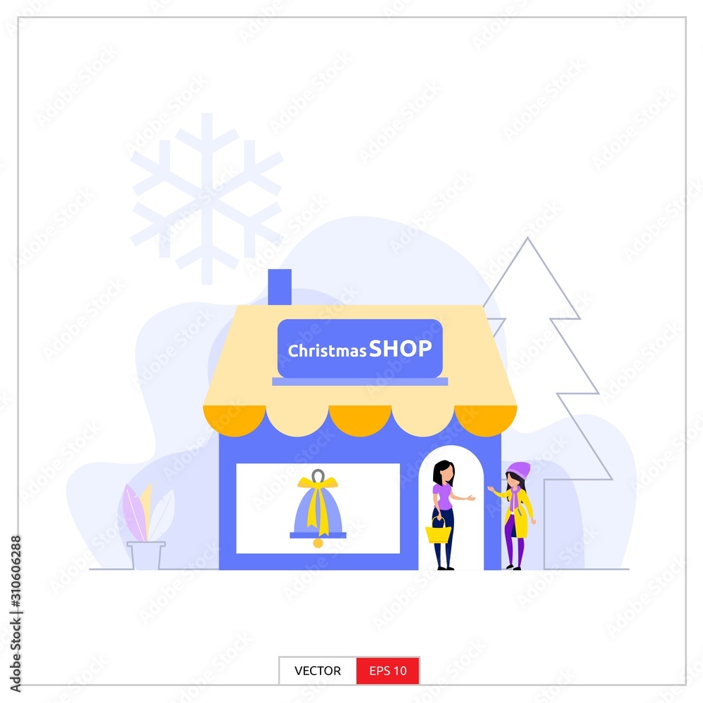 two women meet in front of the Christmas supply store. Vector illustration  flat design style. Stock Vector | Adobe Stock