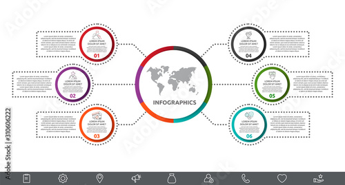 Vector infographic with main circle and 6 labels. Circles with icons for six diagrams, graph, flowchart, timeline, marketing, presentation. Creative business concept
