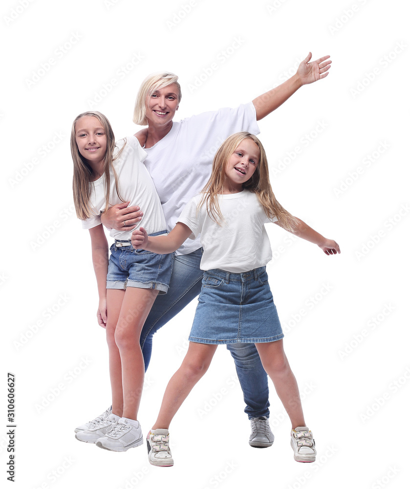 in full growth. mother and children dance together in full growth. mother and children dance together