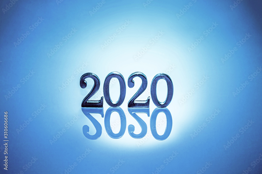 Christmas background with numbers 2020 blue with reflection Christmas background with numbers 2020 blue with reflection