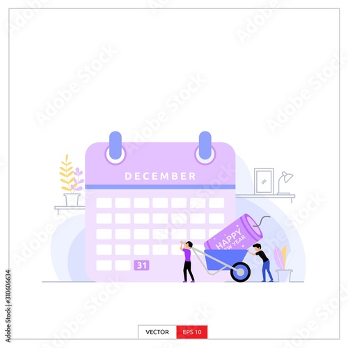 two men are carrying large fireworks in a wagon to celebrate the turn of the year, with a giant calendar background, 31 December. Vector illustration flat design style.