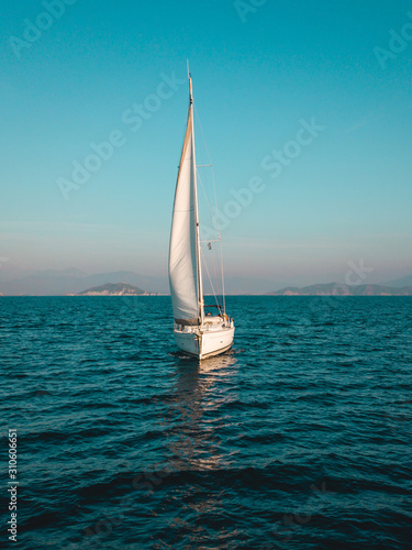 Aerial view of sailing in the open sea in Turkey