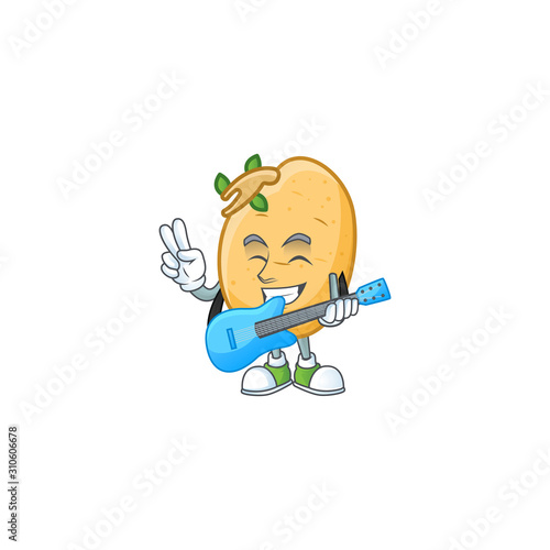Cute and cool sprouted potato tuber cartoon character performance with guitar