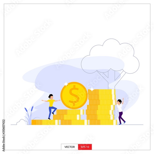 two men are happy with a lot of gold coins. Vector illustration flat design style.