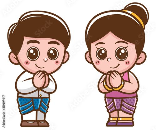 Vector illustration of Cartoon Thai kids, Sawasdee