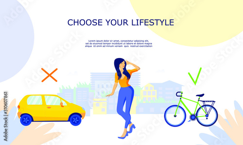 Vector Illustration of woman prefering driving bicycle to car. Girl choosing healthy lifestyle instead of going by vehicle. Ecology or enviroment care concept. Cityscape and buildings. 