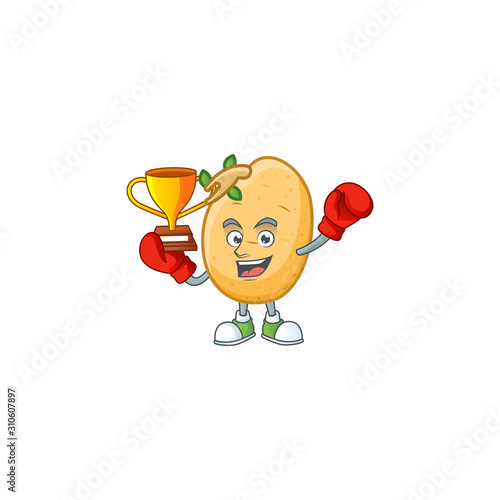 Super cool Boxing winner sprouted potato tuber in mascot cartoon style