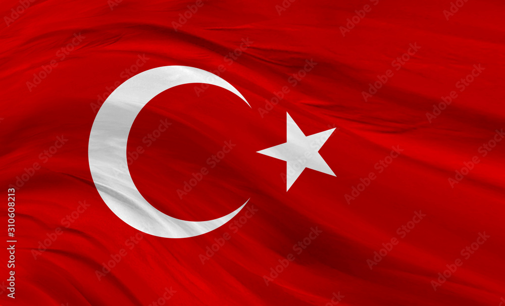 Flag of Turkey, Turkish Republic Flag- silky texture, crescent and star,wavy