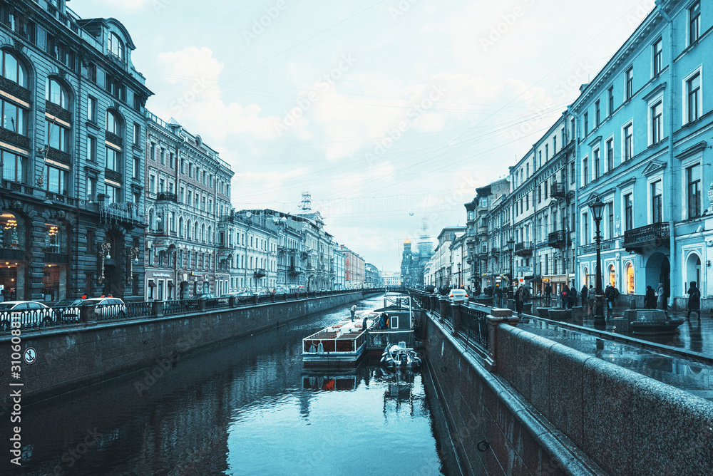 Saint Petersburg, Russia - November 03, 2019: Gribobedov's Canal. Cathedral of the Savior on Spilled Blood. Saint Petersburg. Russia.