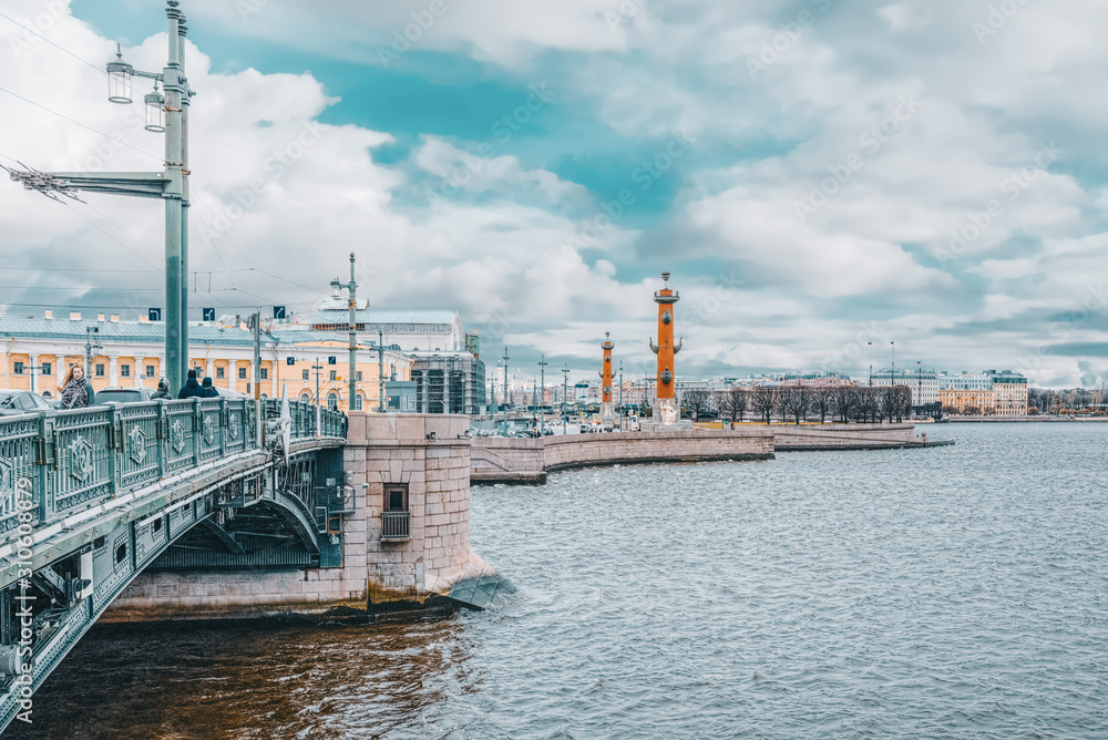 Saint Petersburg, Russia - November 05, 2019: Drawbridge Palace Bridge in day time. Saint Petersburg. Russia. Saint Petersburg, Russia - November 05, 2019: Drawbridge Palace Bridge in day time. Saint Petersburg. Russia.