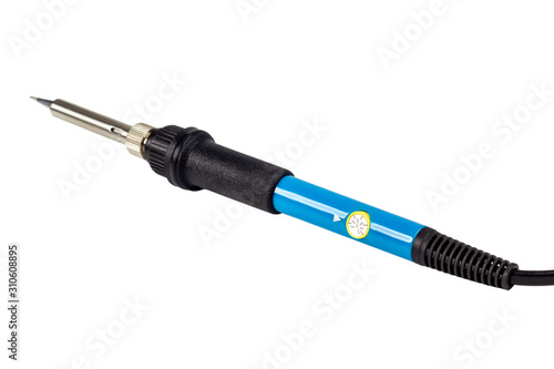 Hand tool soldering iron with the blue handle.