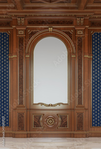 Carved wooden panels with a wooden ceiling. 3d rendering