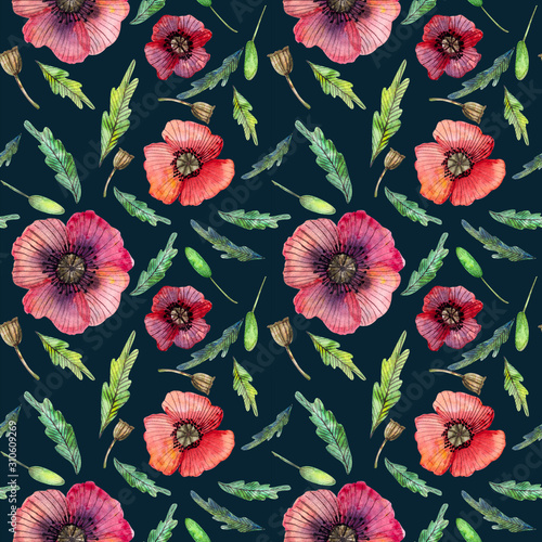 poppies flowers watercolor floral wrapping background seamless pattern