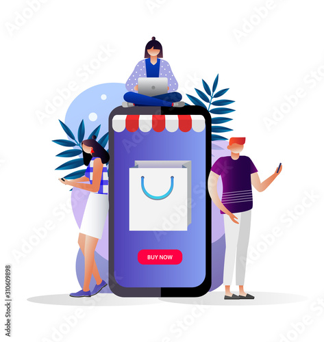 Sale, consumerism, online shopping and people concept. Young people shop online using smartphone.