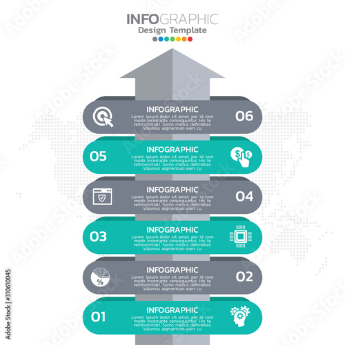 Infographic template design with 6 color options.