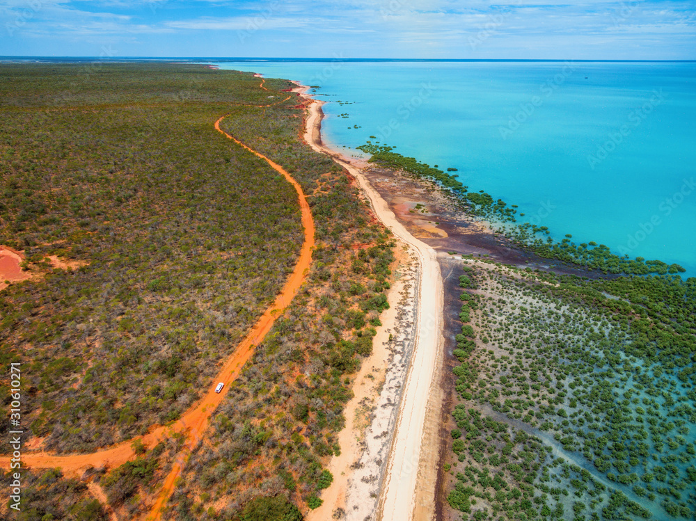 Aerial view of earth textures, road and ocean, Western Australia, Francois Peron