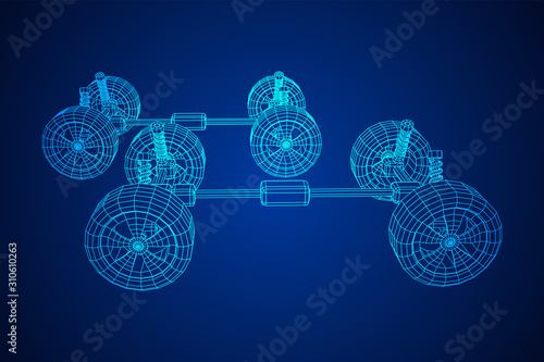 Chassis steering rack. Wireframe low poly mesh vector illustration. Auto service repair car concept.