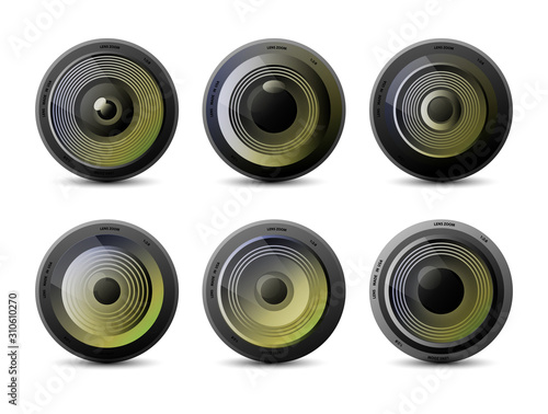 Camera photo lens collection. Set in realistic illustration with color. Video camera. Vector 3d