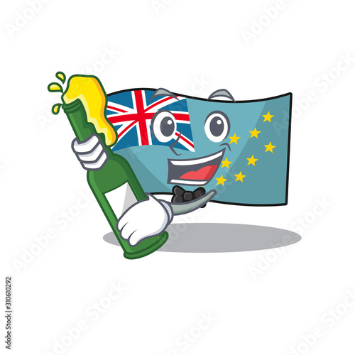 Flag tuvalu Scroll with bottle of beer mascot cartoon style
