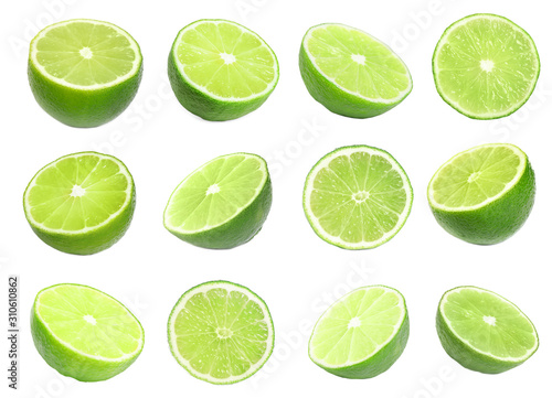 Set of juicy ripe limes on white background