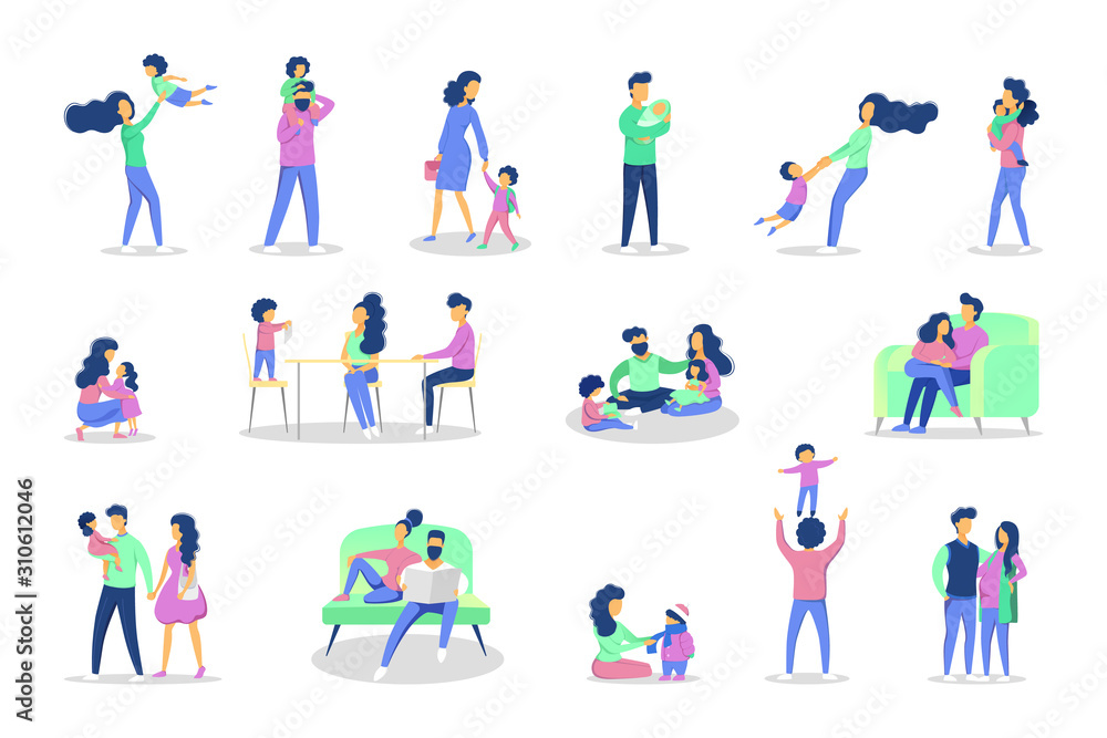 Set of family leisure with various situations. Girl and boy having fun