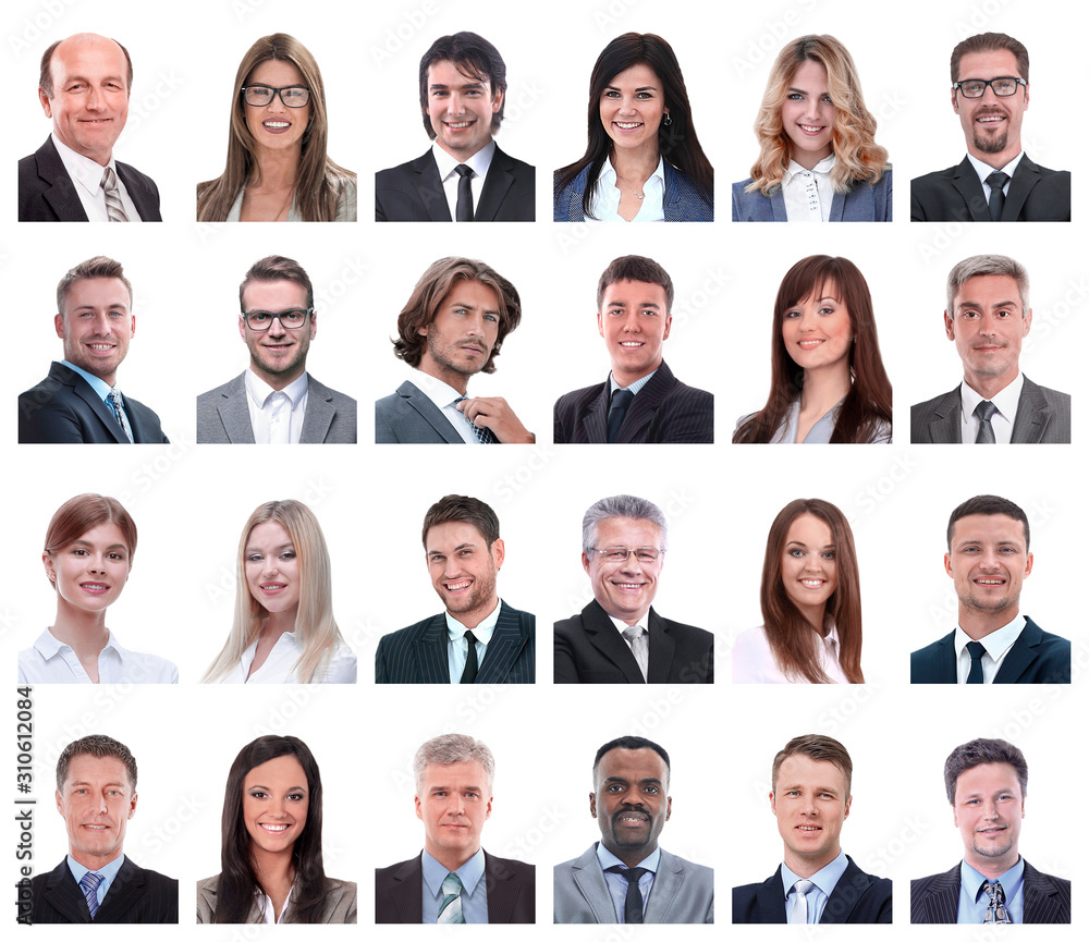 collage of portraits of business people isolated on white collage of portraits of business people isolated on white