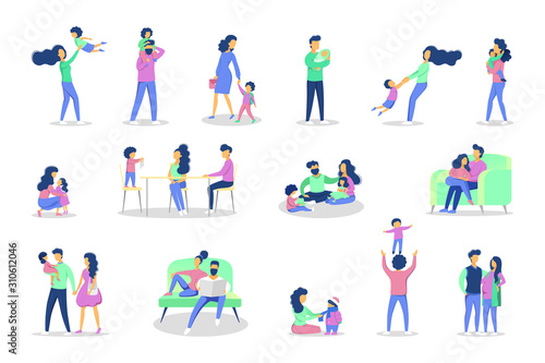 Set of family leisure with various situations. Girl and boy having fun