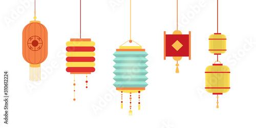 Set of various Chinese lanterns of diffrent collors and shapes.