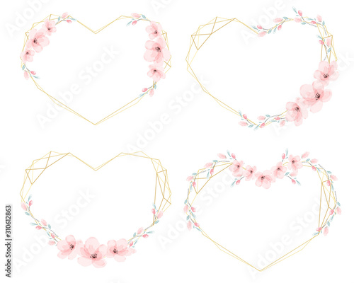 watercolor cherry blossom heart golden wreath frame for valentine banner