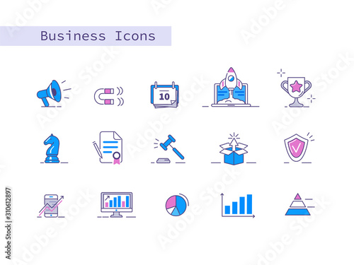 Business and Finance Icons Set. Graphs, Charts, Marketing Strategy and other Business Metaphor. Analysis and Strategy Symbols. Corporate Signs Collection. Flat Line Cartoon Vector Illustration.