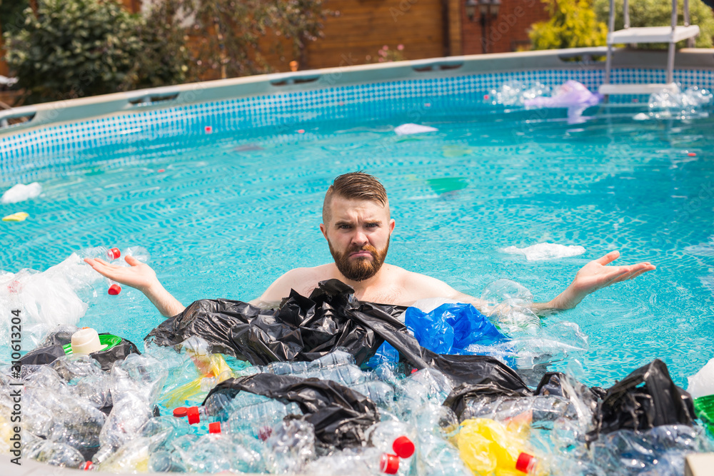 Ecology, plastic trash, environmental emergency and water pollution